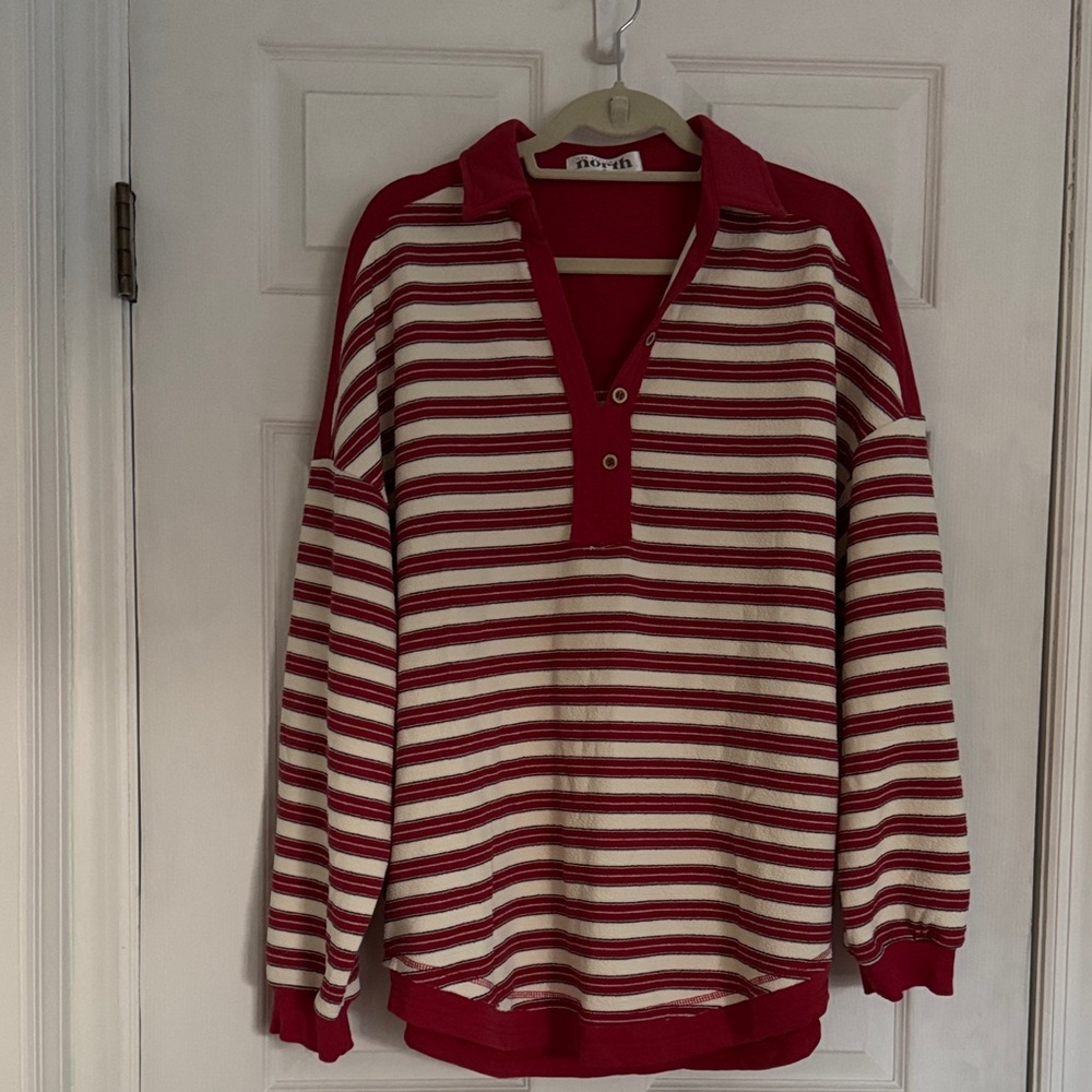 Red and White Striped V-Neck Sweater